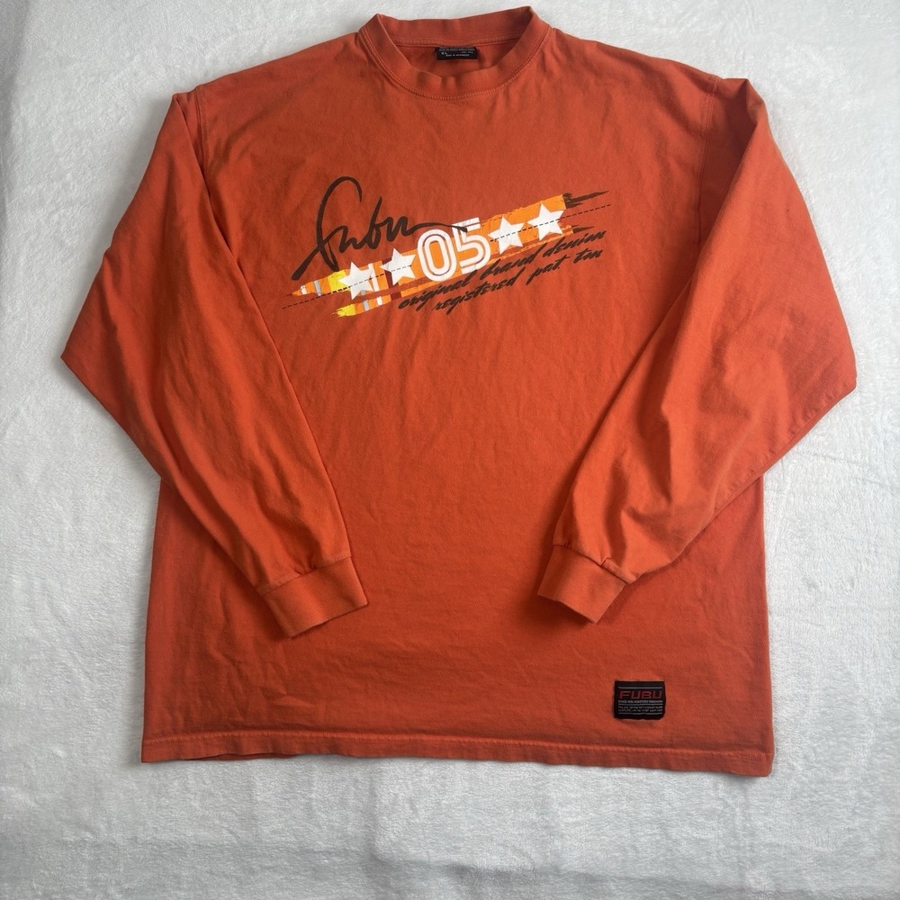 VTG FUBU 2005 Orange Long Sleeve Graphic Shirt Streetwear Hip Hop Men's XL